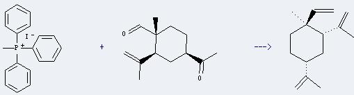 Cyclohexane,1-ethenyl-1-methyl-2,4-bis(1-methylethenyl)-, (1S,2S,4R)- can be prepared by methyl-triphenyl-phosphonium; iodide and 4-acetyl-2-isopropenyl-1-methyl-cyclohexanecarbaldehyde.